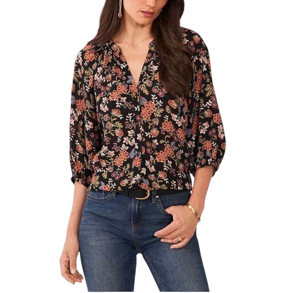 Vince Camuto Black Floral Print Raglan Sleeve Blouse